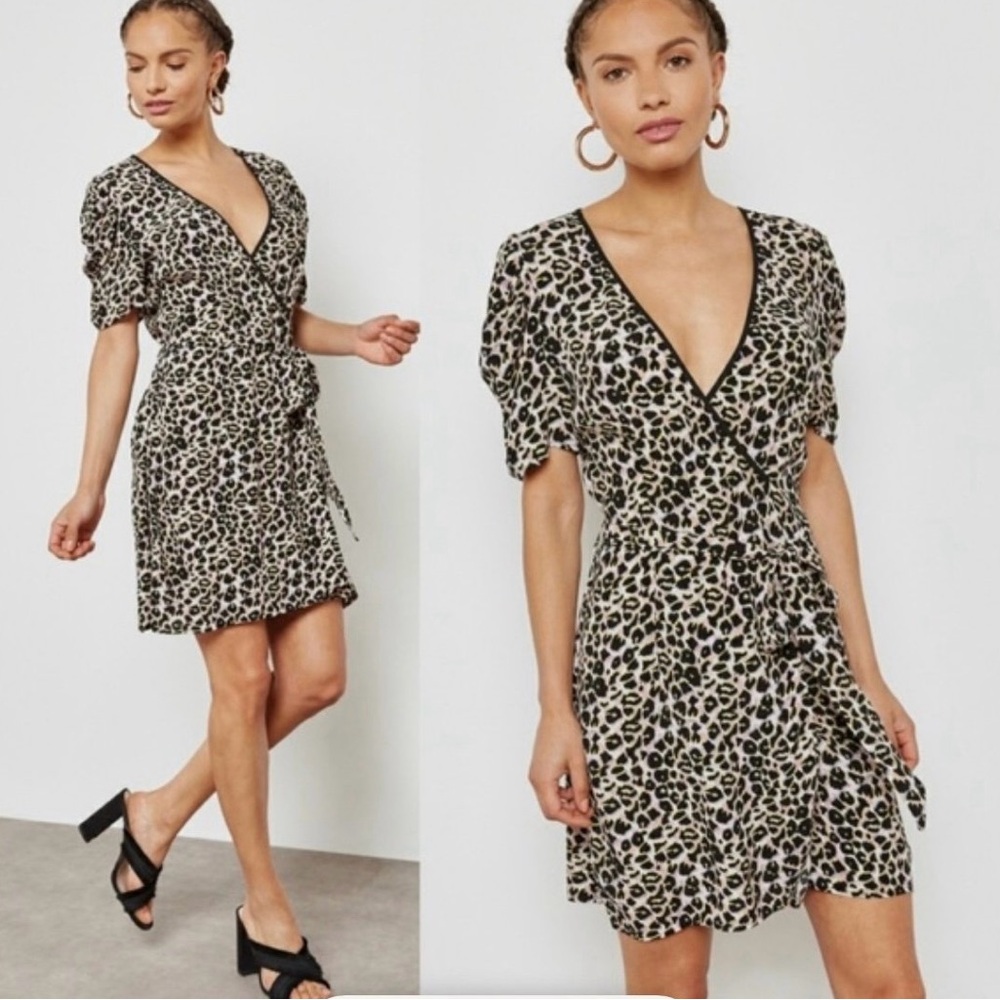 Topshop Y2K Black Leopard Print Wrap Mini Dress